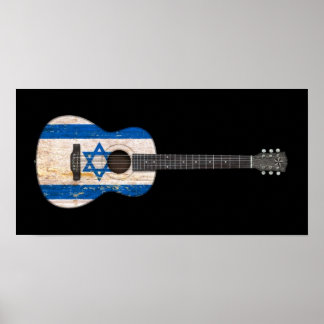 Aged and Worn Israeli Flag Acoustic Guitar, black Poster
