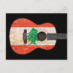 Aged and Worn Lebanese Flag Acoustic Guitar, black Postcard
