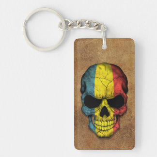 Aged and Worn Romanian Flag Skull Keychain