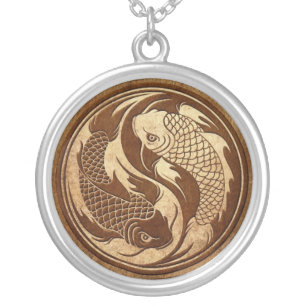 Aged and Worn Yin Yang Koi Fish Silver Plated Necklace