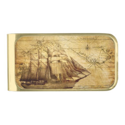 aged and yellowed pirate ship gold finish money clip