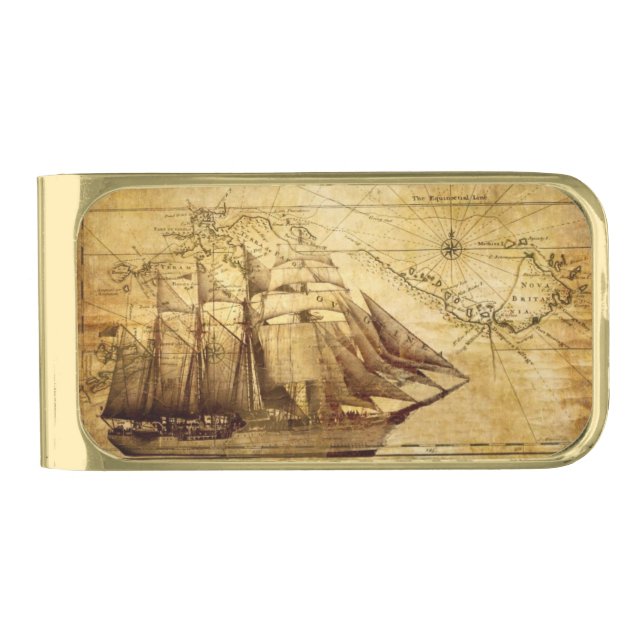 aged and yellowed pirate ship gold finish money clip (Front)