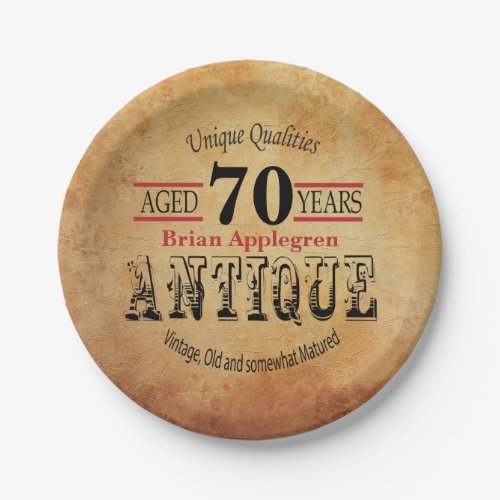 Aged Antique and Vintage 70th Birthday Design Paper Plates