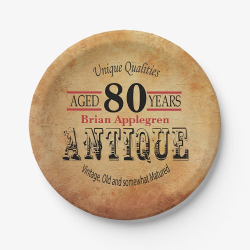 Aged Antique and Vintage 80th Birthday Design Paper Plates