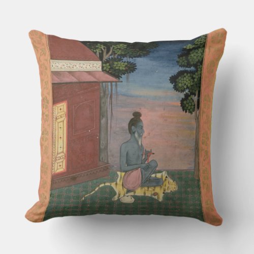 Aged ascetic seated on a tiger skin outside a buil throw pillow