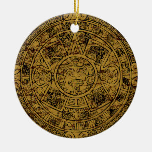 Aged Aztec Sun Stone Calendar Ceramic Ornament