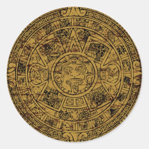 Aged Aztec Sun Stone Calendar Classic Round Sticker