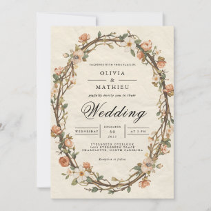 Aged Bloom Oval Floral Wedding Invitation