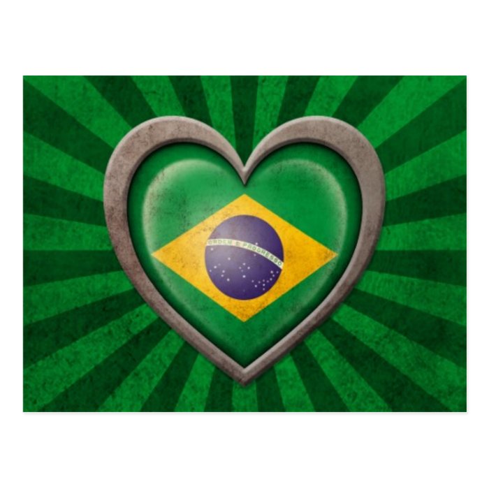 Aged Brazilian Flag Heart with Light Rays Post Card