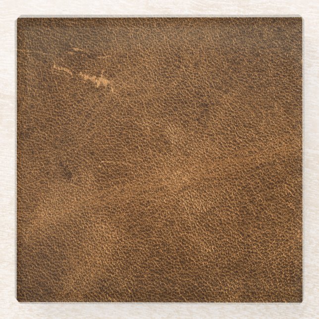 Aged Brown Leather: Classic Texture Glass Coaster (Front)