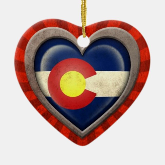 Aged Colorado Flag Heart with Light Rays Ceramic Ornament (Front)