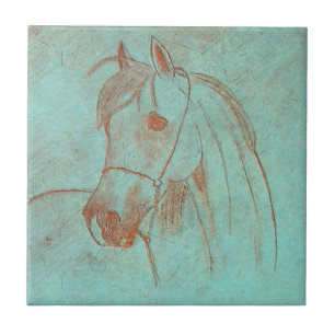 Aged Copper Engraved Horse Ceramic Tile