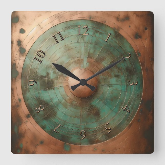 aged copper square wall clock (Front)