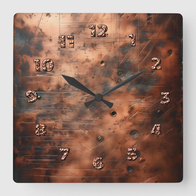 aged copper  square wall clock (Front)