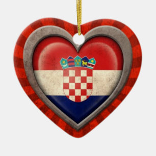 Aged Croatian Flag Heart with Light Rays Ceramic Ornament