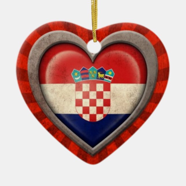 Aged Croatian Flag Heart with Light Rays Ceramic Ornament (Front)