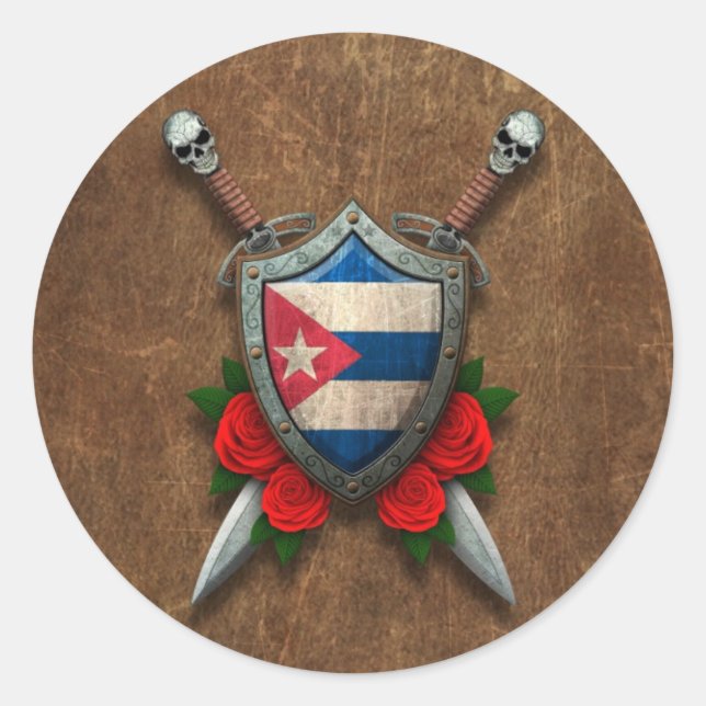 Aged Cuban Flag Shield and Swords with Roses Classic Round Sticker (Front)