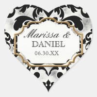 Aged Distressed Damask Golden Bling Look Wedding Heart Sticker