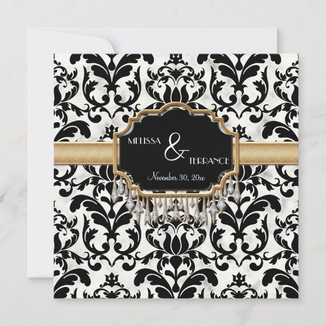 Aged Distressed Damask Golden Bling Look Wedding Invitation (Front)