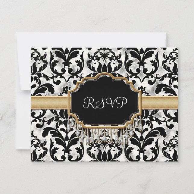 Aged Distressed Damask Golden Bling Look Wedding RSVP Card (Front)