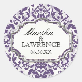 Aged Distressed Damask Silver Bling Look Wedding Classic Round Sticker by AudreyJeanne at Zazzle