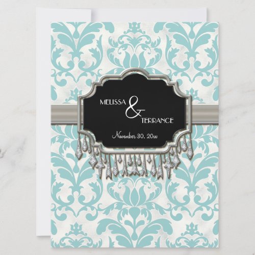 Aged Distressed Damask Silver Bling Look Wedding Invitation