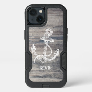 Aged Gray Wood Texture White Boat Anchor iPhone 13 Case