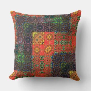 Aged green and coral to brown kaleidoscope mosaic throw pillow