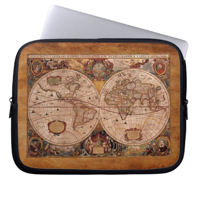 Aged Henricus Hondius' 1630 AD Old World Map Laptop Sleeve (Front)