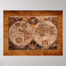 Aged Henricus Hondius&#39; 1630 AD Old World Map Poster