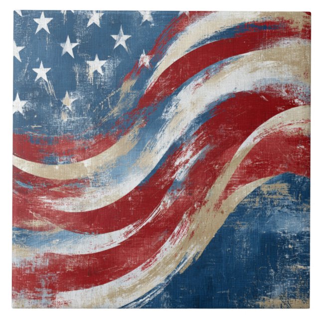 Aged Independence Day Flag Banner Ceramic Tile (Front)