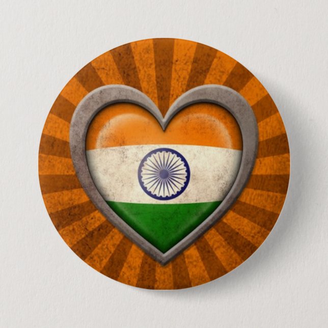 Aged Indian Flag Heart with Light Rays Button (Front)
