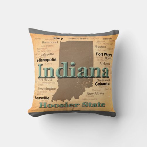 Aged Indiana State Pride Map Silhouette Throw Pillow