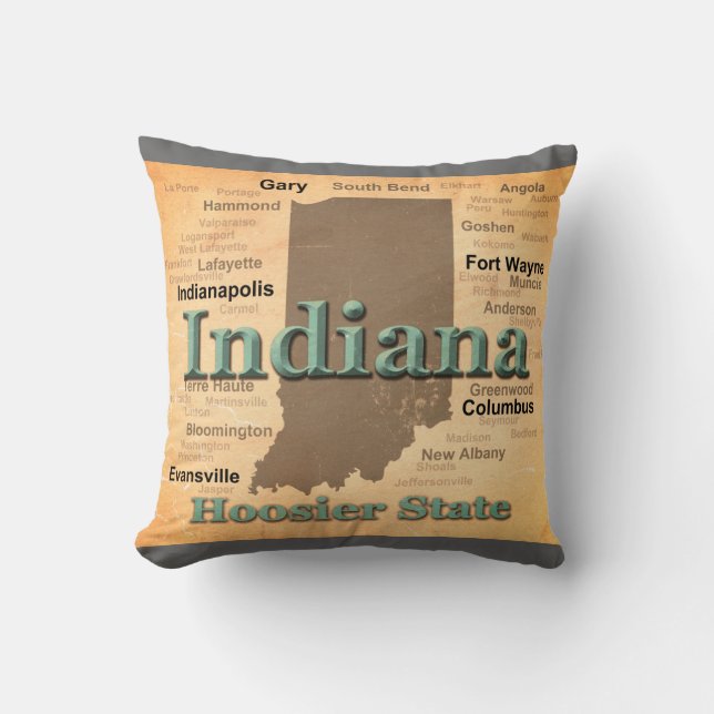 Aged Indiana State Pride Map Silhouette Throw Pillow (Front)