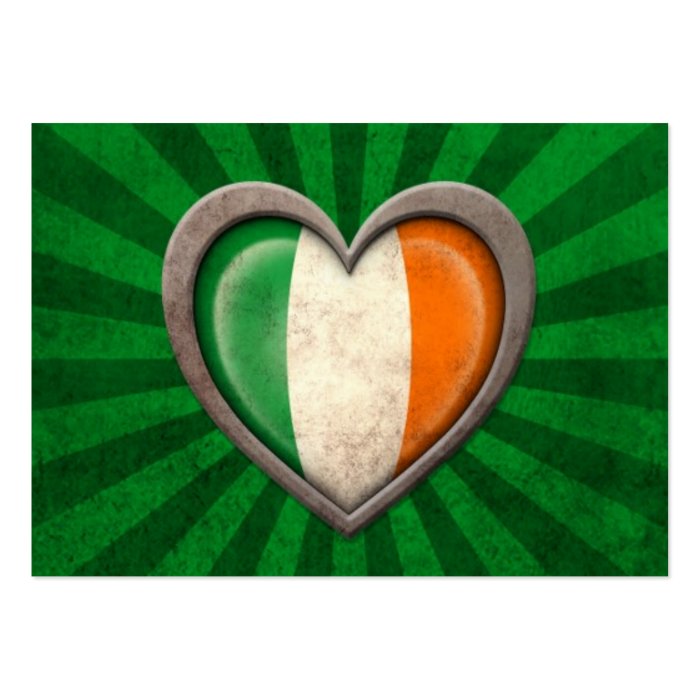 Aged Irish Flag Heart with Light Rays Business Cards