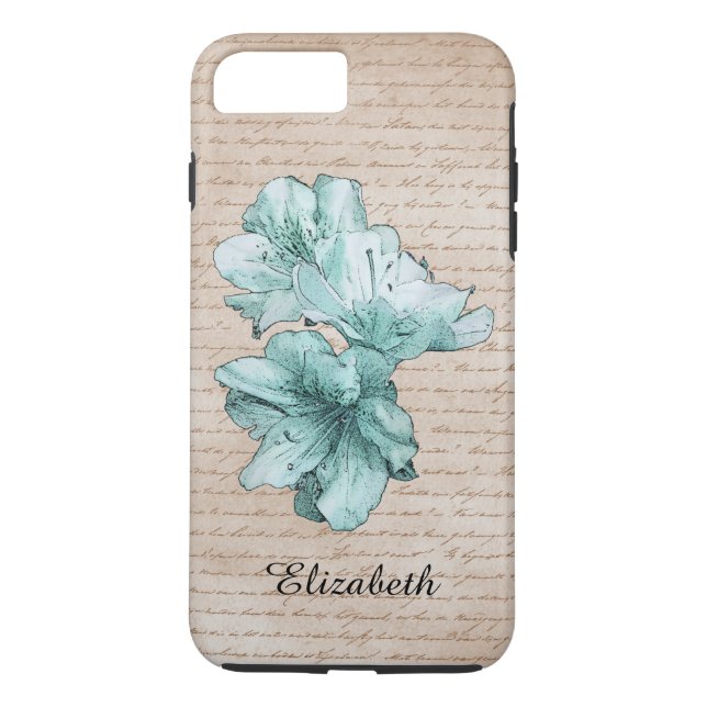 Aged Letter Aqua Illustrated Flower Customize Name Case-Mate iPhone Case (Back)