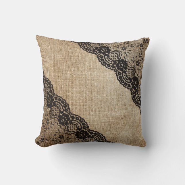 Aged Linen and Lace Black Beige Pillow Corners (Front)