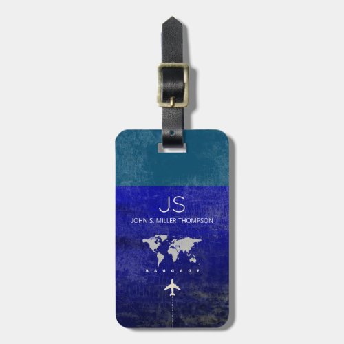 aged  look world map with name  2_tone blue  luggage tag