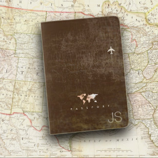 Aged Look World Map with Name, Brown Travel Passport Holder