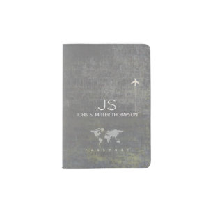 aged look world map with name / gray Travel Passport Holder