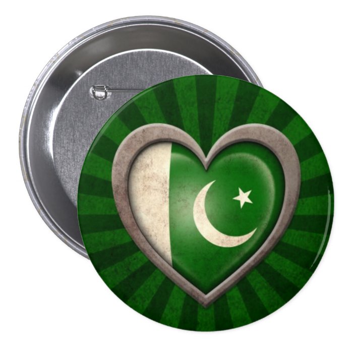 Aged Pakistani Flag Heart with Light Rays Buttons