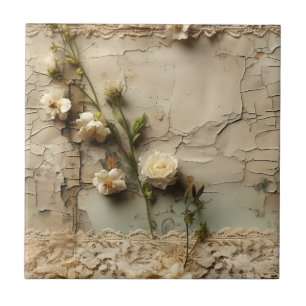 Aged Paper with White Rustic Flower Motif Ceramic Tile