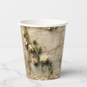 Aged Paper with White Rustic Flower Motif Cups