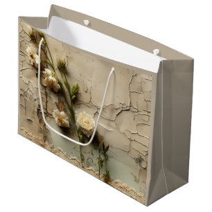 Aged Paper with White Rustic Flower Motif Large Gift Bag