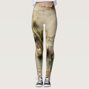 Aged Paper with White Rustic Flower Motif Leggings