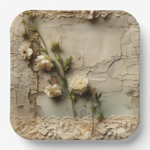 Aged Paper with White Rustic Flower Motif Plates