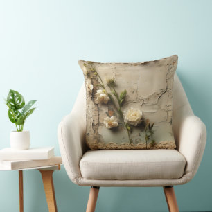 Aged Paper with White Rustic Flower Motif Throw Pillow