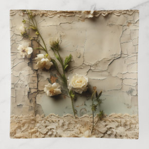 Aged Paper with White Rustic Flower Motif Trinket Tray