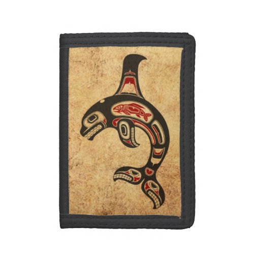 Aged Red and Black Haida Spirit Killer Whale Tri-fold Wallet