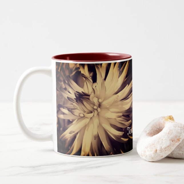 Aged Sepia Dahlia Flower Personalized Two-Tone Coffee Mug (With Donut)